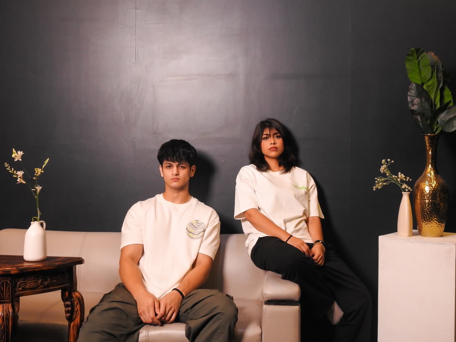 Two models in white Gradient Soul and Pacific tees